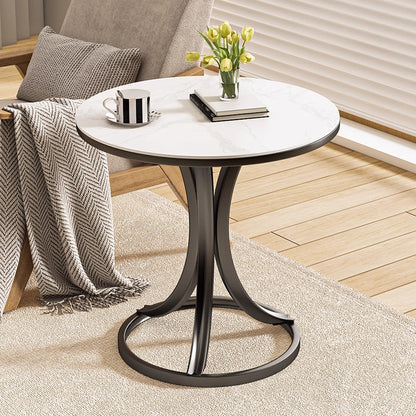 Contemporary Scandinavian Sintered Stone Metal Curved Round Side Table 1-Tier For Living Room