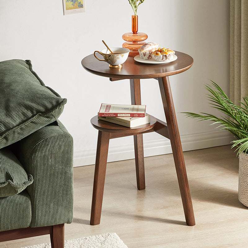 Traditional Chinese Rubberwood Round Triangular Side Table 2-Tier For Living Room