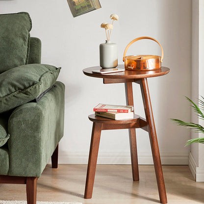 Traditional Chinese Rubberwood Round Triangular Side Table 2-Tier For Living Room
