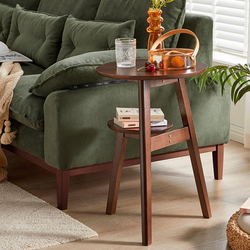 Traditional Chinese Rubberwood Round Triangular Side Table 2-Tier For Living Room