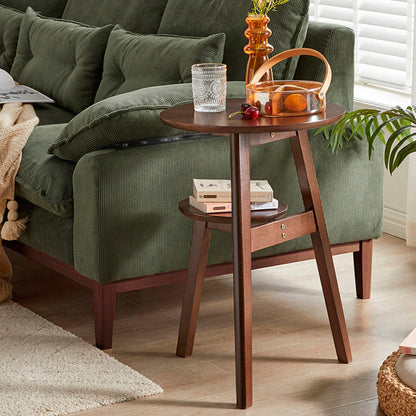 Traditional Chinese Rubberwood Round Triangular Side Table 2-Tier For Living Room