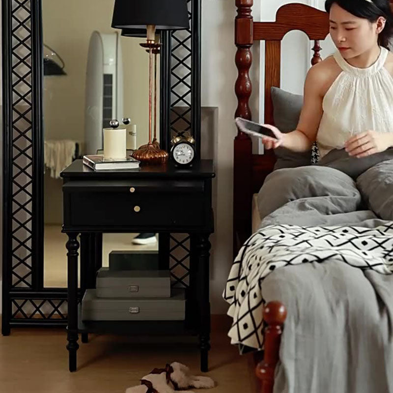 Traditional French Solid Wood Square Cylindrical Nightstand 2-Tier For Bedroom