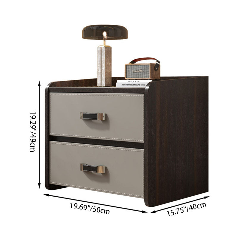 Modern Luxury Saddle Leather Solid Wood Panel Square Nightstand 2-Drawer For Bedroom