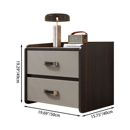 Modern Luxury Saddle Leather Solid Wood Panel Square Nightstand 2-Drawer For Bedroom