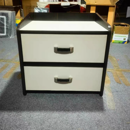 Modern Luxury Saddle Leather Solid Wood Panel Square Nightstand 2-Drawer For Bedroom