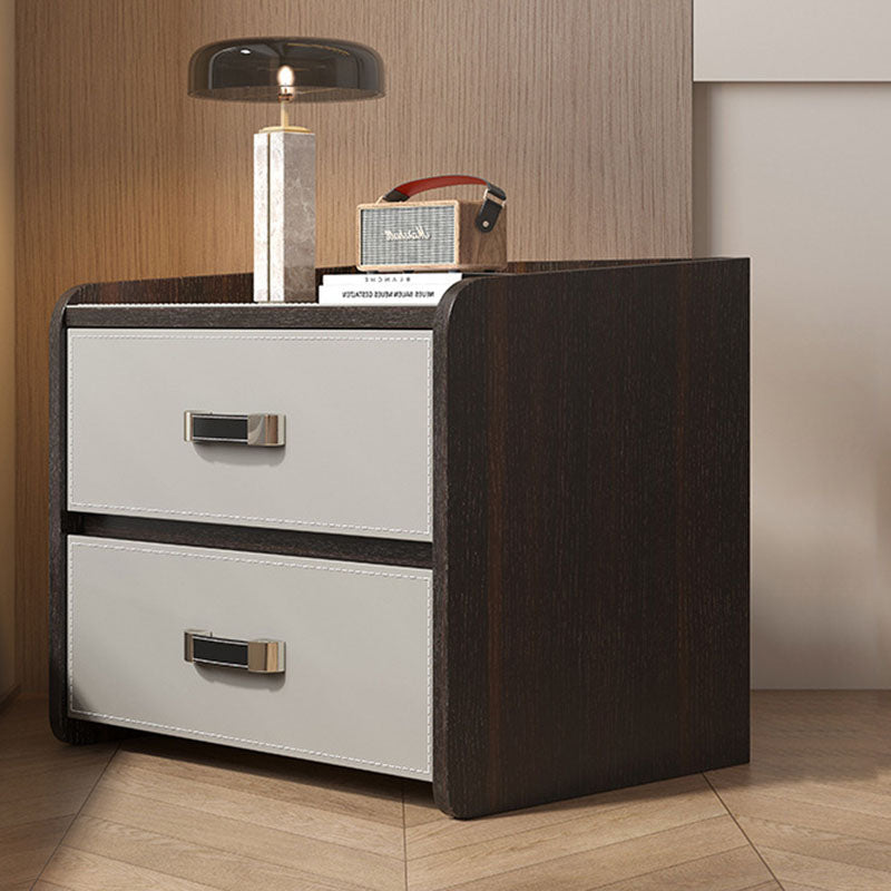 Modern Luxury Saddle Leather Solid Wood Panel Square Nightstand 2-Drawer For Bedroom
