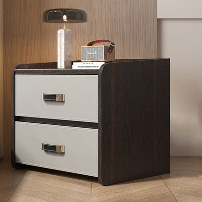 Modern Luxury Saddle Leather Solid Wood Panel Square Nightstand 2-Drawer For Bedroom
