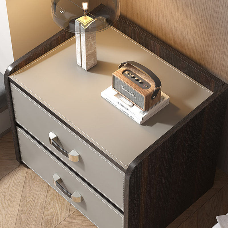 Modern Luxury Saddle Leather Solid Wood Panel Square Nightstand 2-Drawer For Bedroom