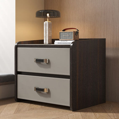 Modern Luxury Saddle Leather Solid Wood Panel Square Nightstand 2-Drawer For Bedroom