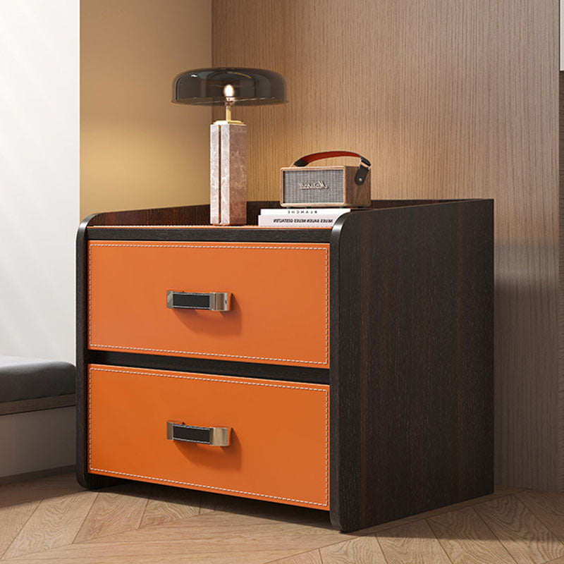 Modern Luxury Saddle Leather Solid Wood Panel Square Nightstand 2-Drawer For Bedroom