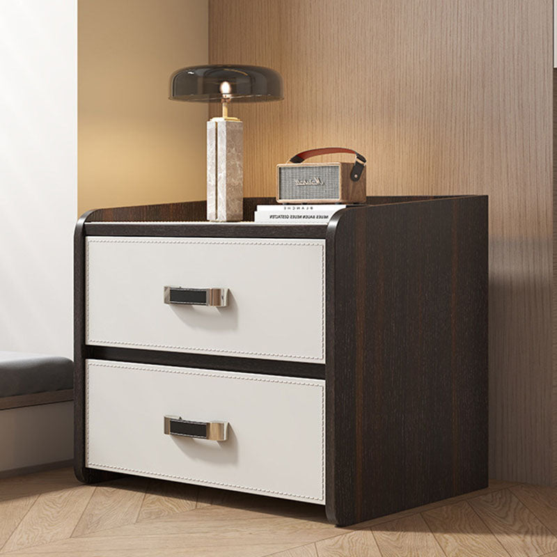 Modern Luxury Saddle Leather Solid Wood Panel Square Nightstand 2-Drawer For Bedroom