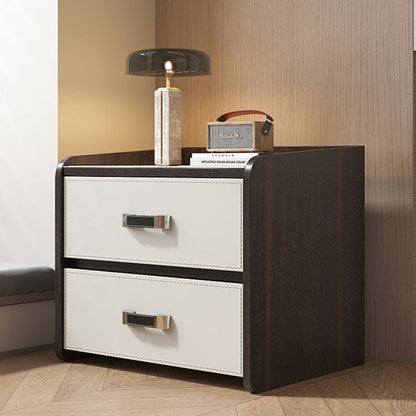 Modern Luxury Saddle Leather Solid Wood Panel Square Nightstand 2-Drawer For Bedroom