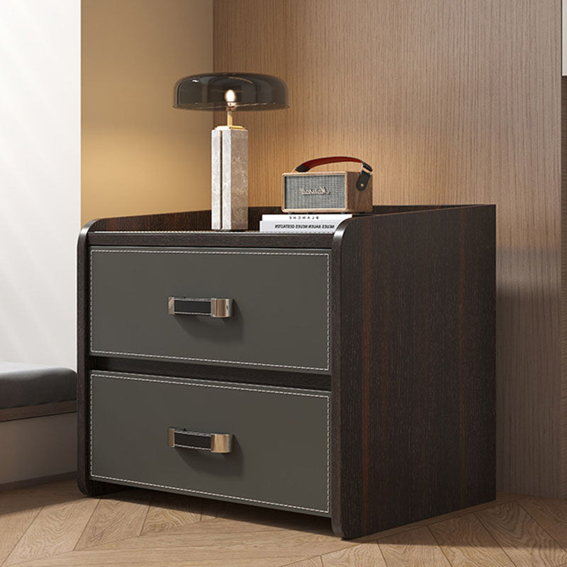 Modern Luxury Saddle Leather Solid Wood Panel Square Nightstand 2-Drawer For Bedroom