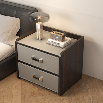 Modern Luxury Saddle Leather Solid Wood Panel Square Nightstand 2-Drawer For Bedroom