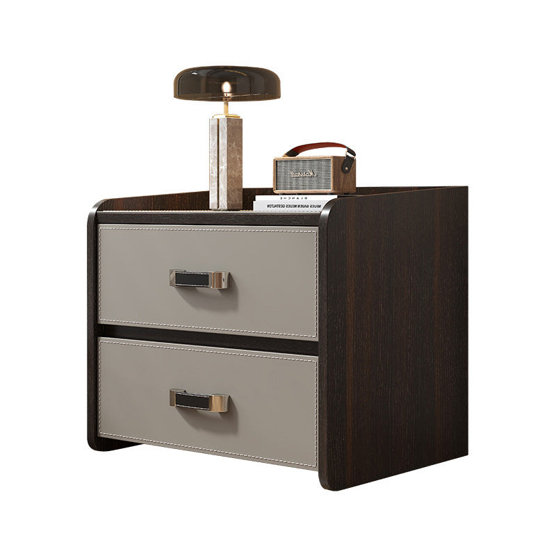 Modern Luxury Saddle Leather Solid Wood Panel Square Nightstand 2-Drawer For Bedroom
