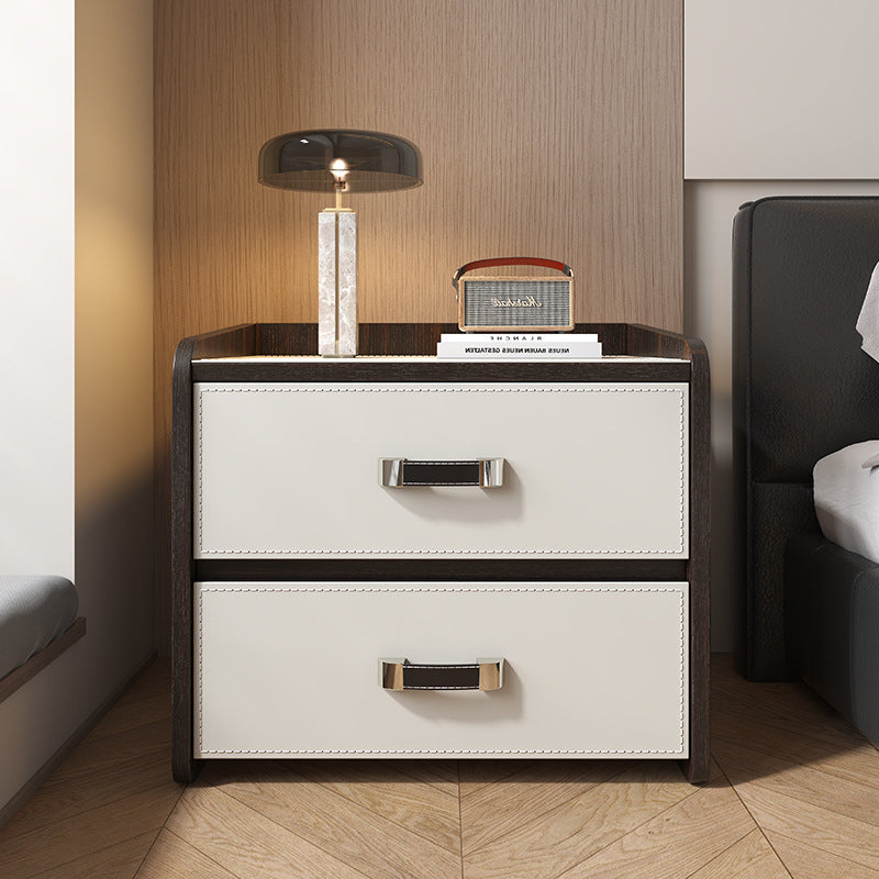 Modern Luxury Saddle Leather Solid Wood Panel Square Nightstand 2-Drawer For Bedroom