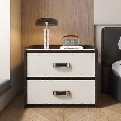 Modern Luxury Saddle Leather Solid Wood Panel Square Nightstand 2-Drawer For Bedroom