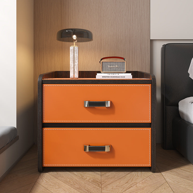 Modern Luxury Saddle Leather Solid Wood Panel Square Nightstand 2-Drawer For Bedroom