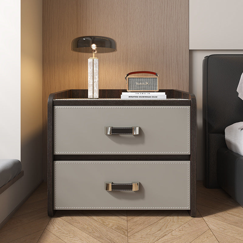 Modern Luxury Saddle Leather Solid Wood Panel Square Nightstand 2-Drawer For Bedroom
