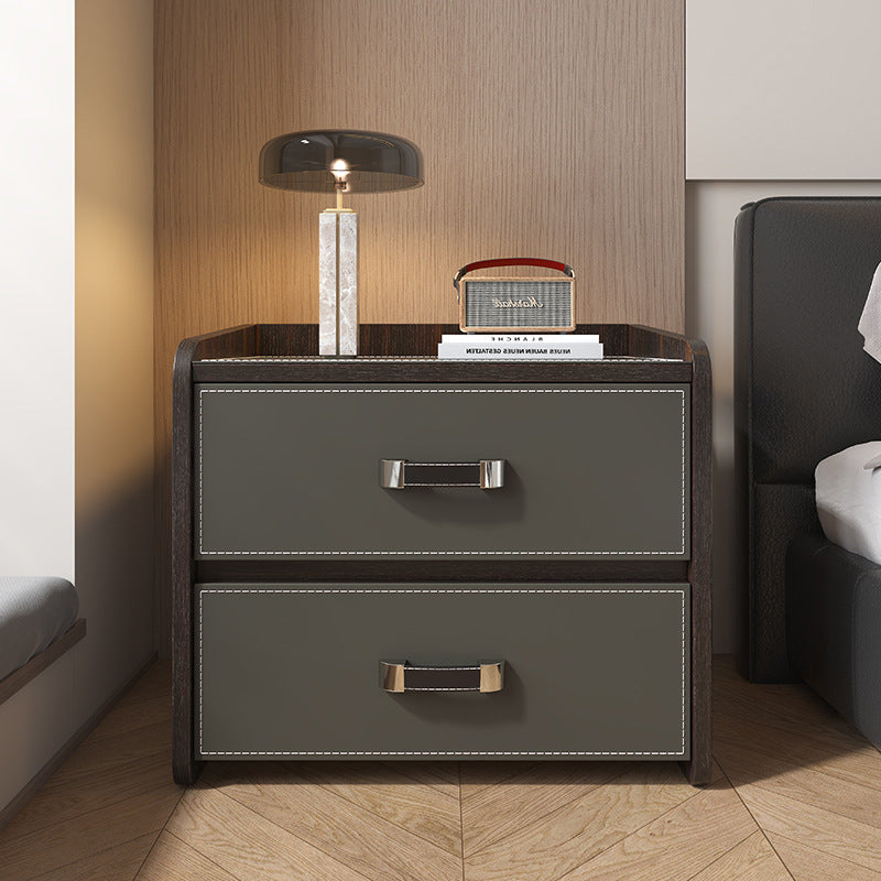 Modern Luxury Saddle Leather Solid Wood Panel Square Nightstand 2-Drawer For Bedroom