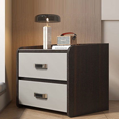 Modern Luxury Saddle Leather Solid Wood Panel Square Nightstand 2-Drawer For Bedroom