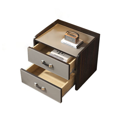 Modern Luxury Saddle Leather Solid Wood Panel Square Nightstand 2-Drawer For Bedroom