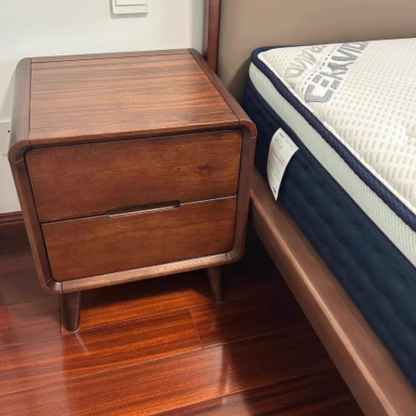 Traditional Chinese Black Walnut Solid Wood Rounded Rectangular Nightstand 2-Drawer For Bedroom