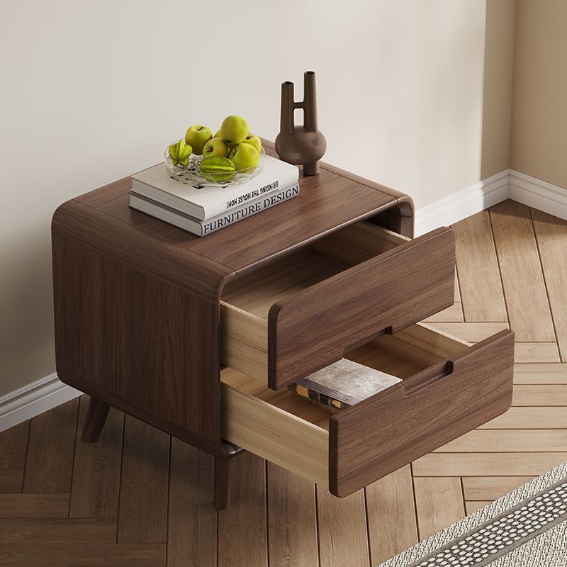 Traditional Chinese Black Walnut Solid Wood Rounded Rectangular Nightstand 2-Drawer For Bedroom