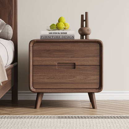 Traditional Chinese Black Walnut Solid Wood Rounded Rectangular Nightstand 2-Drawer For Bedroom