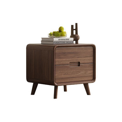 Traditional Chinese Black Walnut Solid Wood Rounded Rectangular Nightstand 2-Drawer For Bedroom