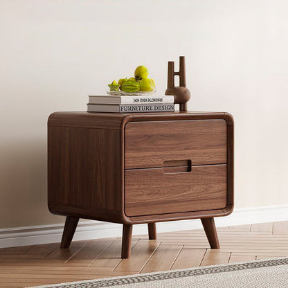 Traditional Chinese Black Walnut Solid Wood Rounded Rectangular Nightstand 2-Drawer For Bedroom