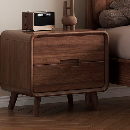 Traditional Chinese Black Walnut Solid Wood Rounded Rectangular Nightstand 2-Drawer For Bedroom