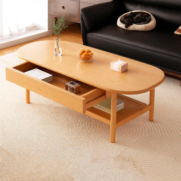 Traditional Chinese Rubberwood Rounded Rectangular Coffee Table 2-Tier For Living Room
