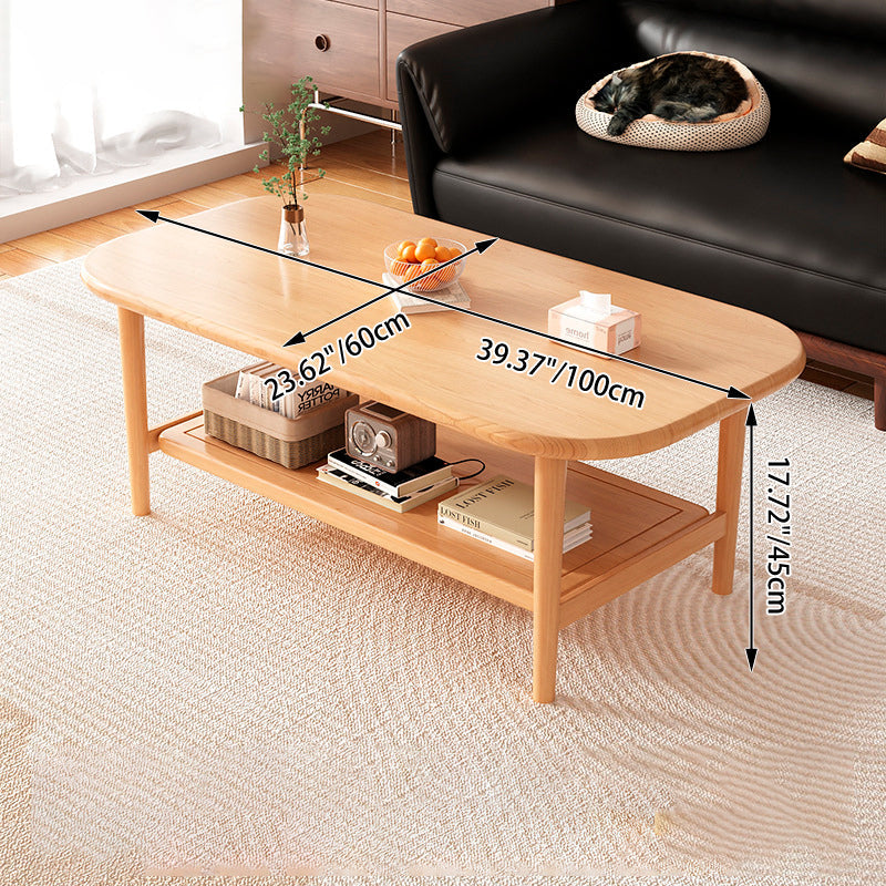 Traditional Chinese Rubberwood Rounded Rectangular Coffee Table 2-Tier For Living Room