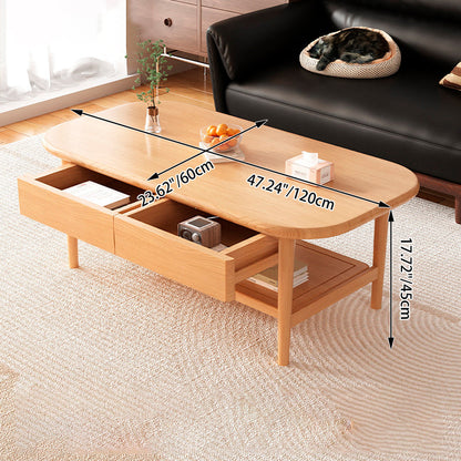 Traditional Chinese Rubberwood Rounded Rectangular Coffee Table 2-Tier For Living Room