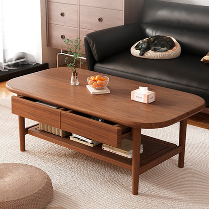 Traditional Chinese Rubberwood Rounded Rectangular Coffee Table 2-Tier For Living Room
