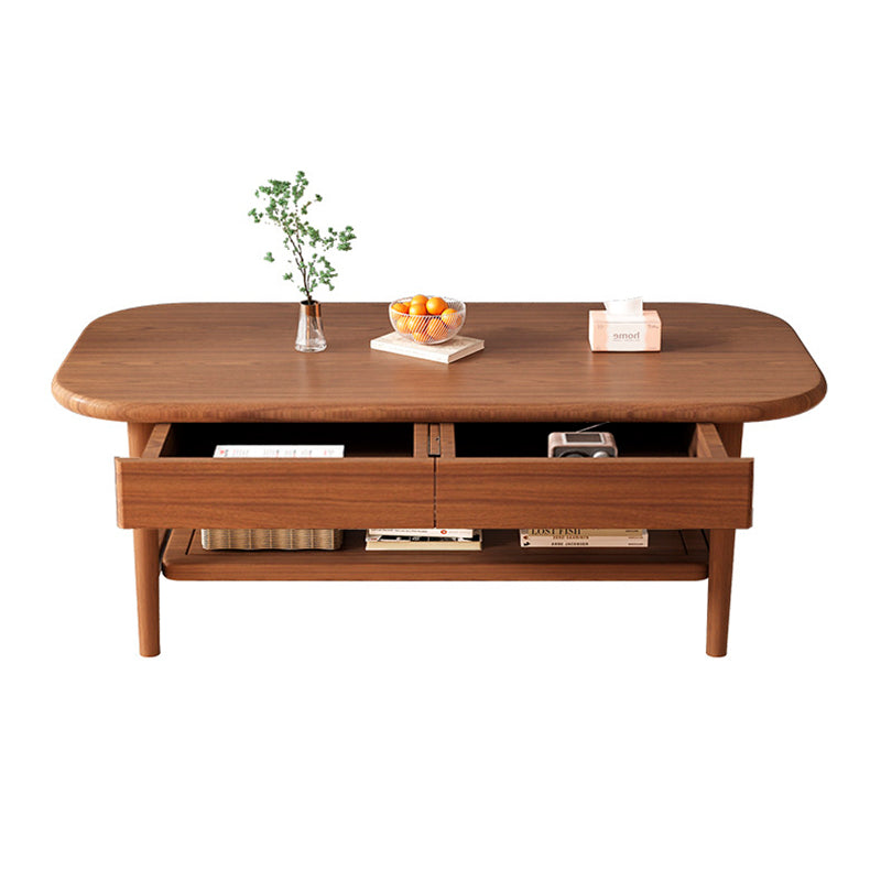 Traditional Chinese Rubberwood Rounded Rectangular Coffee Table 2-Tier For Living Room