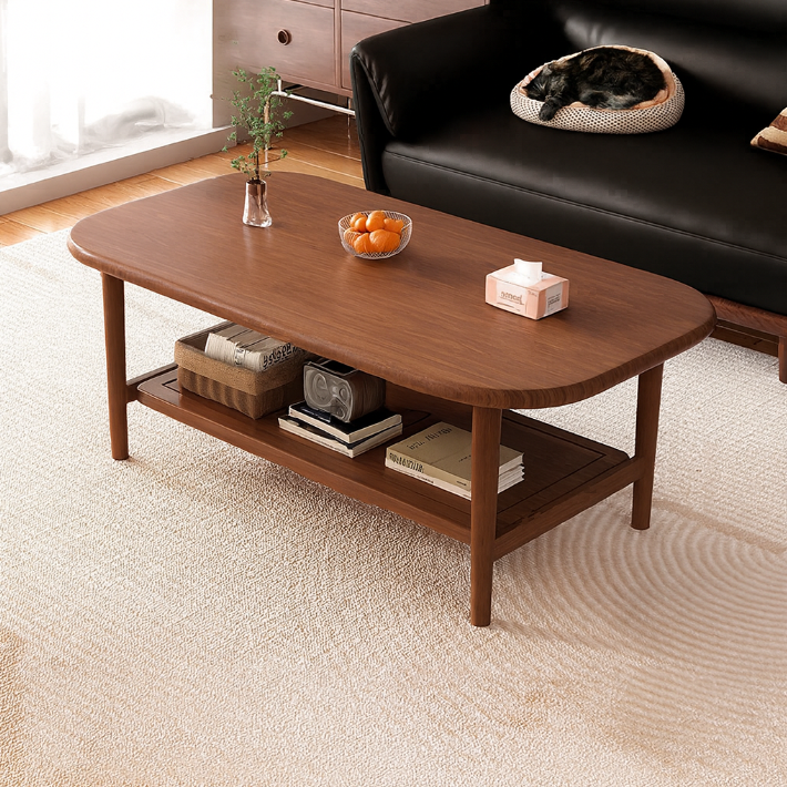 Traditional Chinese Rubberwood Rounded Rectangular Coffee Table 2-Tier For Living Room