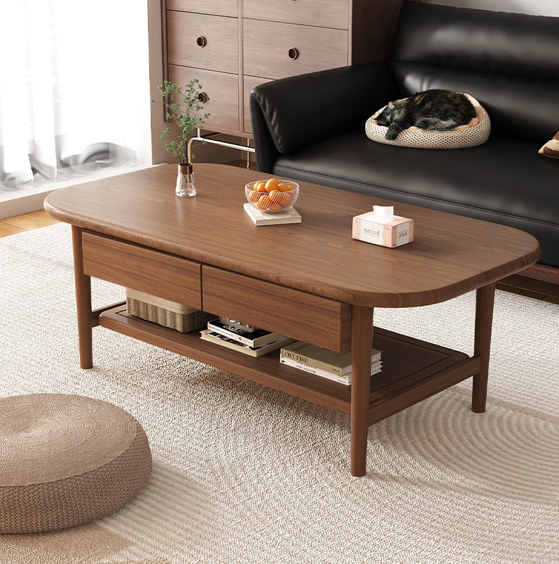 Traditional Chinese Rubberwood Rounded Rectangular Coffee Table 2-Tier For Living Room