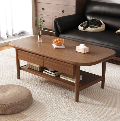 Traditional Chinese Rubberwood Rounded Rectangular Coffee Table 2-Tier For Living Room