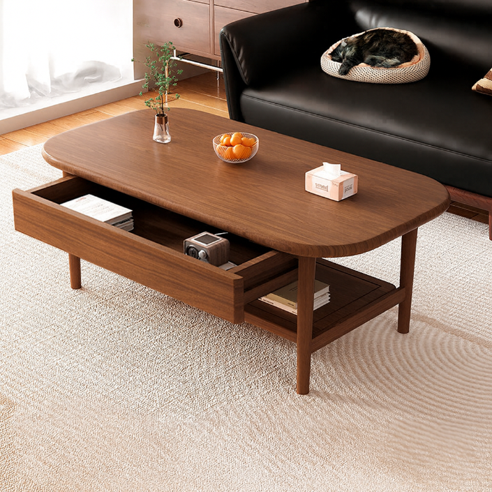Traditional Chinese Rubberwood Rounded Rectangular Coffee Table 2-Tier For Living Room