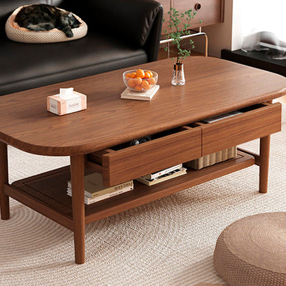 Traditional Chinese Rubberwood Rounded Rectangular Coffee Table 2-Tier For Living Room