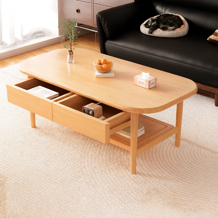 Traditional Chinese Rubberwood Rounded Rectangular Coffee Table 2-Tier For Living Room