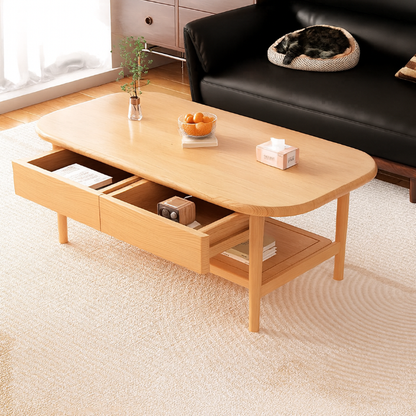 Traditional Chinese Rubberwood Rounded Rectangular Coffee Table 2-Tier For Living Room