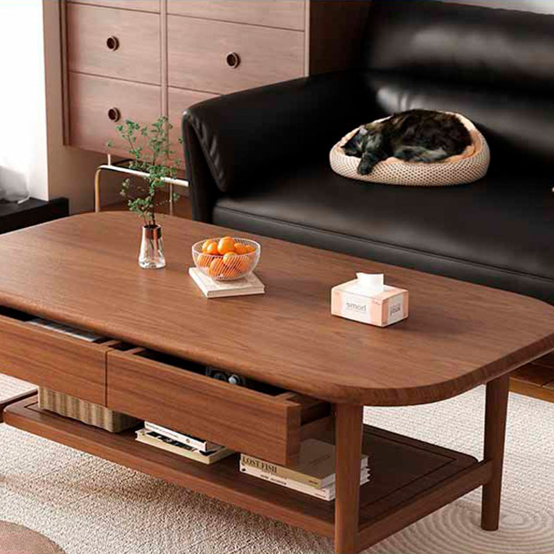 Traditional Chinese Rubberwood Rounded Rectangular Coffee Table 2-Tier For Living Room