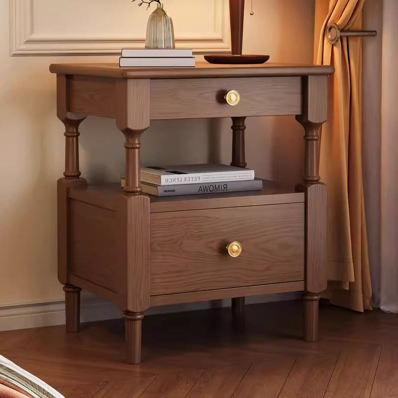 Traditional French Solid Wood Multilayer Board Pine Wood Roman Square Nightstand 2-Drawer For Bedroom