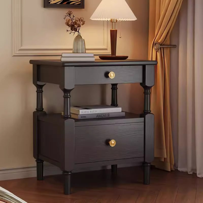 Traditional French Solid Wood Multilayer Board Pine Wood Roman Square Nightstand 2-Drawer For Bedroom