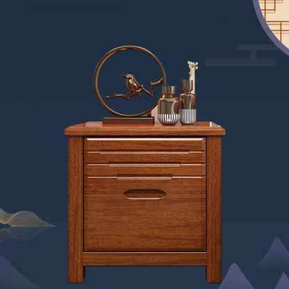Traditional Chinese Walnut Wood Metal Rounded Square Nightstand 2-Drawer For Bedroom