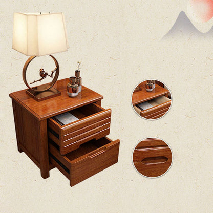 Traditional Chinese Walnut Wood Metal Rounded Square Nightstand 2-Drawer For Bedroom