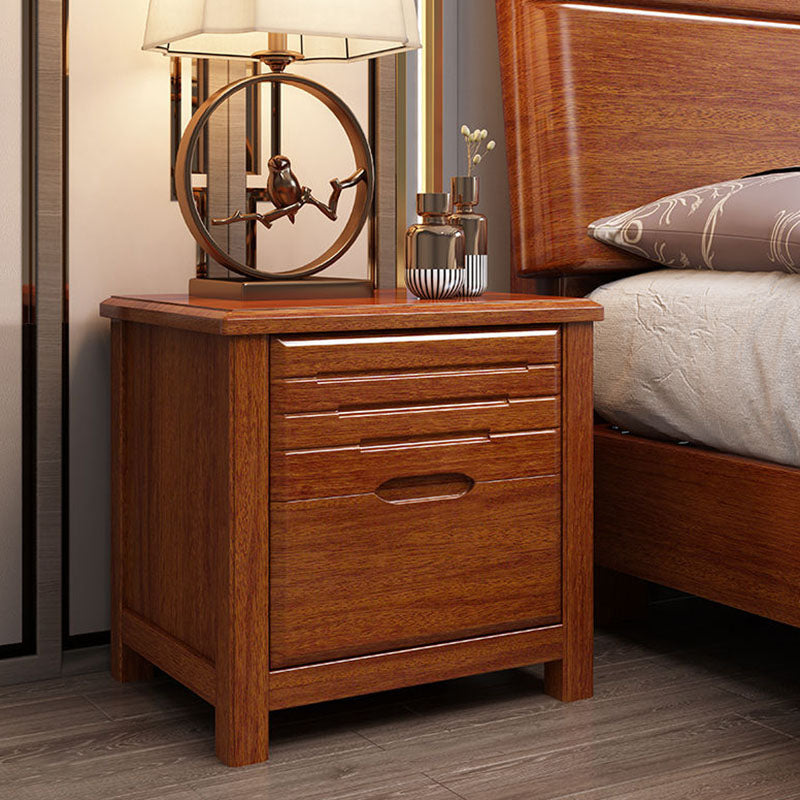 Traditional Chinese Walnut Wood Metal Rounded Square Nightstand 2-Drawer For Bedroom